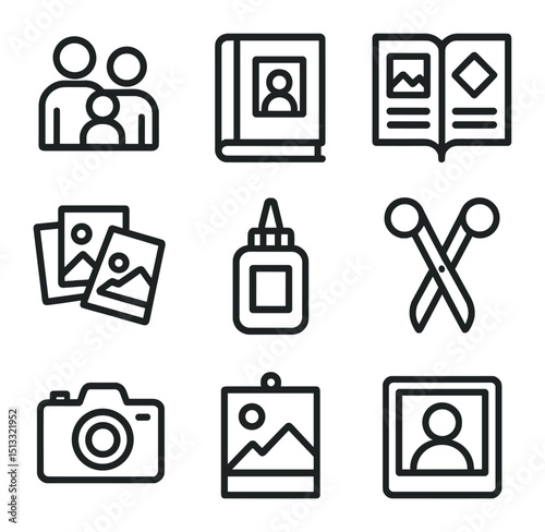 Photo Documentation Icons. Outline icon set of photo documentation: family, album, scrapbook, stickers, glue, paper, scissors,