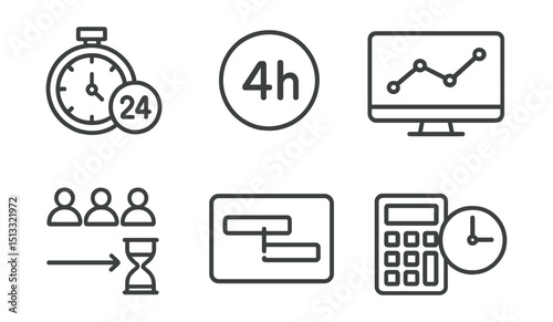 Line style icons of project management: time estimation icon, hours per task badge, forecast chart screen, team availability vs deadline layout, task duration planning card, buffer time calculator.