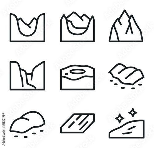 Glacial Landform Icons. Outline icon set of glacial erosion landforms: U-shaped valley, cirque bowl, arête ridge, hanging valley,