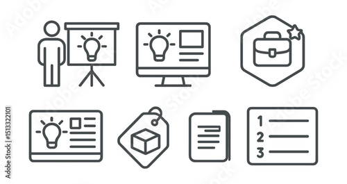 Line style icons of business innovation: pitch presentation icon, slide deck layout, business showcase badge, investor meeting screen, concept visualizer panel, product walkthrough tag, slide order