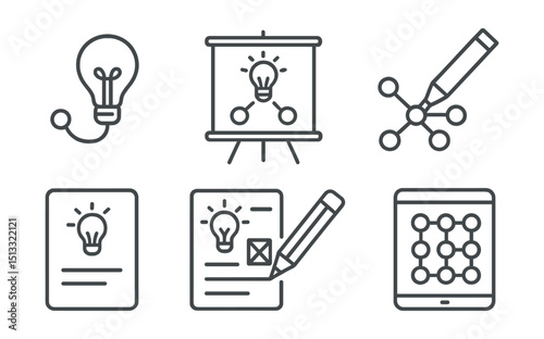 Line style icons of business innovation: concept sketch icon, innovation draft board, quick layout marker, initial concept card, pencil drawing plan, ideation sheet screen, visual brainstorm grid.