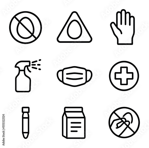 Egg Allergy Icons. Outline icon set of egg allergy and safety: crossed-out egg, allergen warning, glove, sanitation spray, hygiene