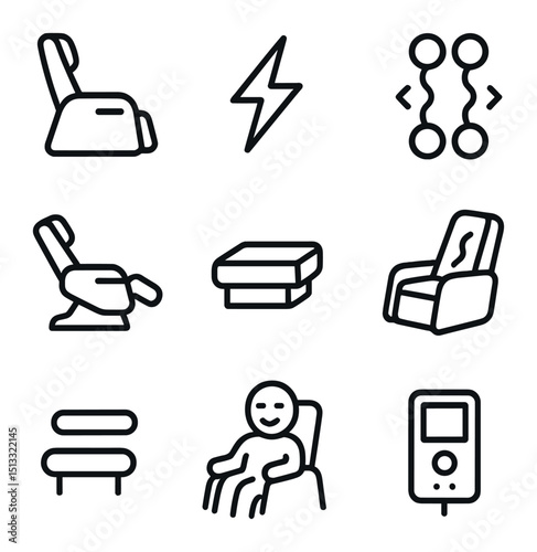 Electric Massage Chair Icons. Outline icon set of electric massage chair: chair, electric, massage rollers, recliner, footrest,