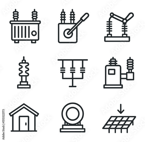 Electrical Icon Grid. Outline icon set of electrical substation equipment: power transformer, circuit breaker, disconnect switch,