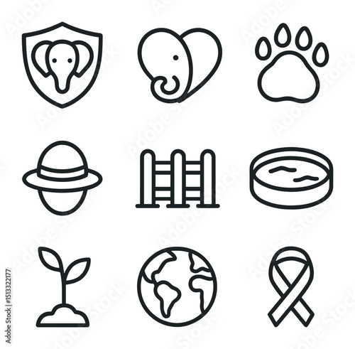 Elephant Conservation Icons. Outline icon set of elephant conservation symbols: shield with elephant, heart with trunk, footprint,