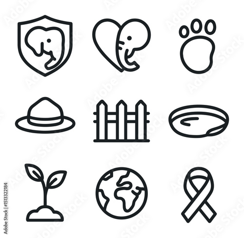 Elephant Conservation Icons. Outline icon set of elephant conservation symbols: shield with elephant, heart with trunk, footprint,