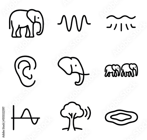 Elephant Infrasound Icons. Outline icon set of elephant infrasound communication: elephant silhouette, low-frequency wave, ground