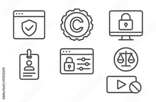 Line style icons of cybersecurity and privacy: digital rights icon, copyright badge, access policy screen, license tag layout, content usage control, fair use symbol, restricted media panel.