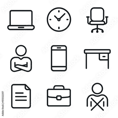 Employee Disengagement Icons. Outline icon set of employee disengagement: laptop, clock, empty chair, crossed arms, phone, desk,