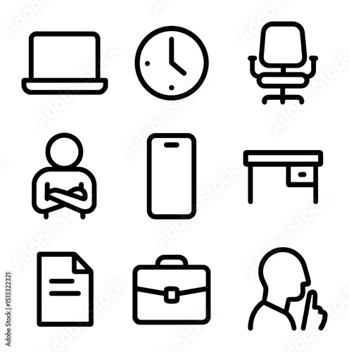 Employee Disengagement Icons. Outline icon set of employee disengagement: laptop, clock, empty chair, crossed arms, phone, desk,