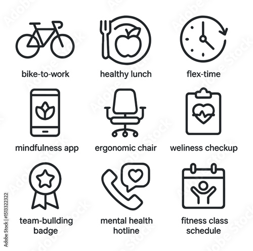 Employee Well-Being Icons. Outline icon set of employee well-being programs: bike-to-work icon, healthy lunch plate, flex-time