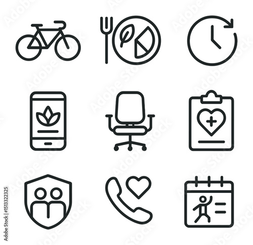 Employee Well-Being Icons. Outline icon set of employee well-being programs: bike-to-work icon, healthy lunch plate, flex-time