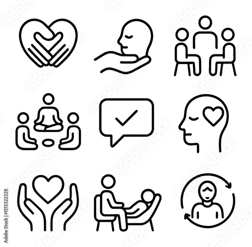 Emotional Comfort Icons. Outline icon set of emotional comfort: heart-shaped arms, soothing hand, therapy circle, mindfulness