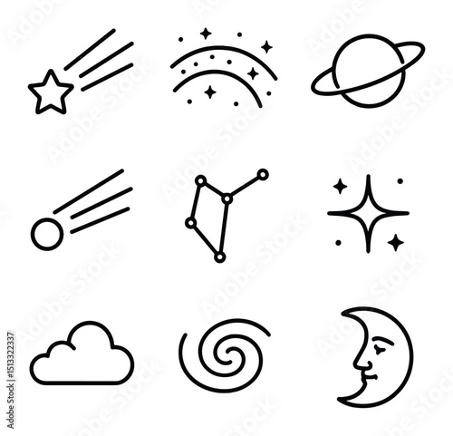 Enchanted Night Sky Icons. Outline icon set of enchanted night sky: shooting star, Milky Way arc, planet Saturn, comet tail,