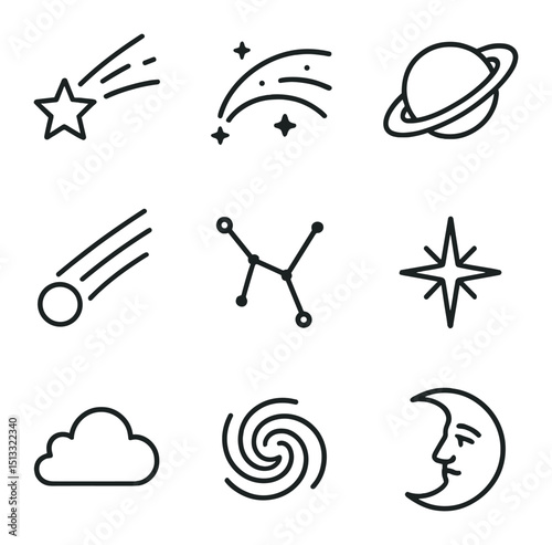 Enchanted Night Sky Icons. Outline icon set of enchanted night sky: shooting star, Milky Way arc, planet Saturn, comet tail,