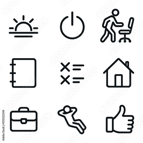 End of Day Icons. Outline icon set of end of day: sunset, power button, chair push, diary, crossed tasks, home icon, bag, relaxed