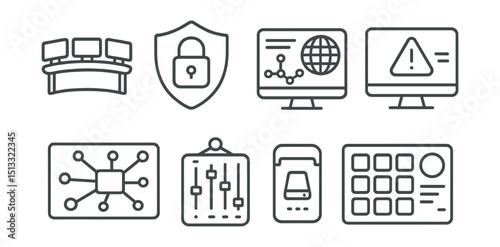 Line style icons of cybersecurity and privacy: command center icon, security operations dashboard badge, threat monitoring screen, alert response layout, system map panel, control board tag, live