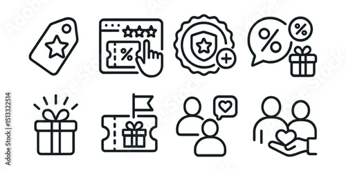 Line style icons of customer interaction: special offer icon, promo code after review, loyalty point reward, discount for feedback symbol, gift for suggestions badge, win a prize campaign, referral