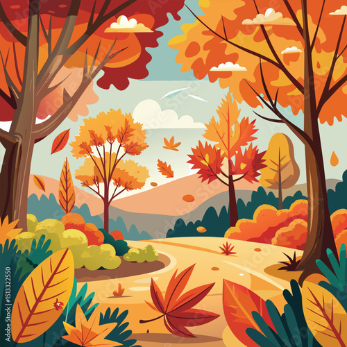 Vibrant Autumn Landscape with Colorful Trees and Falling Leaves Illustration