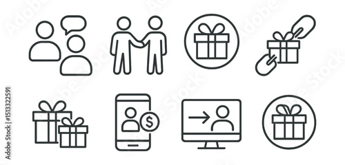Line style icons of delivery marketing: referral program icon, invite friend symbol, gift for referral badge, promo link with parcel, double reward icon, share and earn screen, refer-and-track system