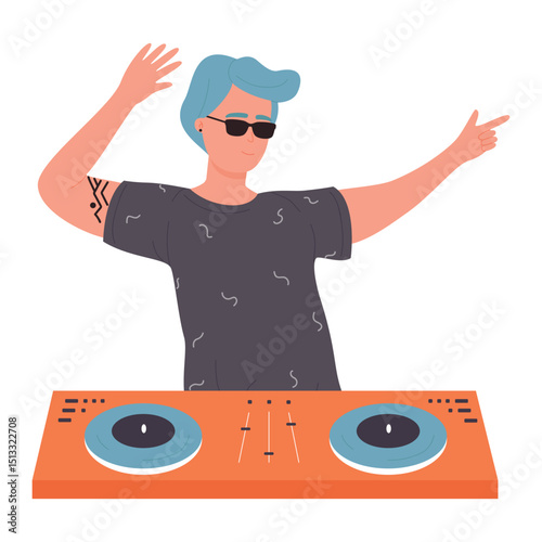 DJ young man with sunglasses on musical party vector illustration. Cartoon flat male dancing DJ character with turntable mixer making contemporary music in night club, spinning disc isolated on white.