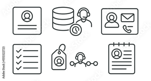 Line style icons of customer service: customer profile card, CRM data icon, ticket history log, contact details panel, past issue list, personalized service tag, customer timeline icon, notes from