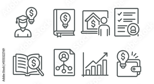Line style icons of personal finance: financial literacy icon, money tips book, home finance lesson, budgeting worksheet, learn about interest, debt management plan, smart finance chart, spending