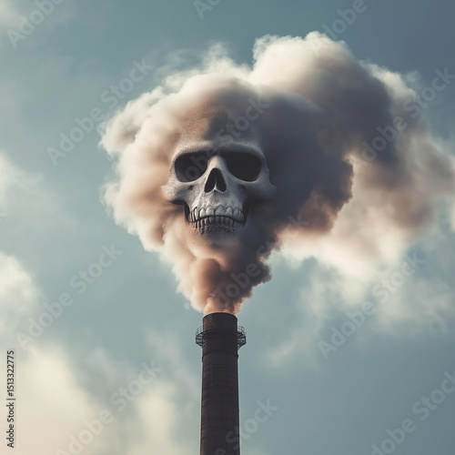 Editorial photo, factory chimney spewing smoke shaped like a skull into the sky, metaphor for pollution and danger, professional photo, bright natural light