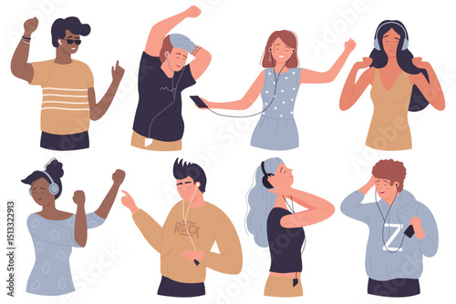 People listen music, enjoy sound vector illustration set. Cartoon young student characters in earphones headphones listening music, dancing, happy teenagers with audio player device isolated on white