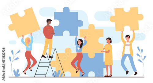 People connect puzzles flat vector illustration. Cartoon happy man woman young team of characters connecting puzzle pieces together. Teamwork building, successful partnership concept isolated on white