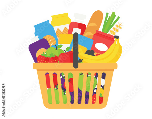 A grocery basket filled with food on a plain background. Flat style vector illustration.