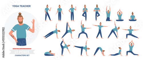 Yoga teacher poses vector illustration set. Cartoon flat yogist man character doing yogi asana exercise, meditating, sitting in lotus posture, infographic relaxation activity routine isolated on white