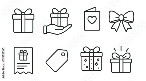 Line style icons of gift giving: present box, hand giving gift, thank you card, ribbon bow, gift receipt, gift tag, festive wrapping, surprise icon.