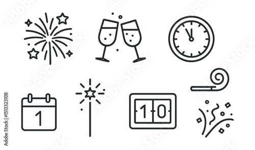 Line style icons of New Year: fireworks burst, champagne glasses, clock to midnight, party horn, 1st January calendar, sparkler, countdown screen, confetti stream.