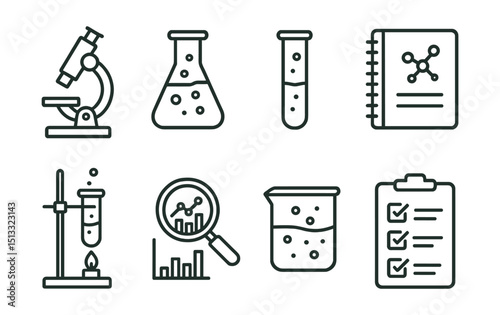 Line style icons of scientific research: microscope, chemical flask, test tube, lab notebook, experiment setup, magnifying glass on data, beaker with solution, research checklist.