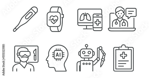 Line style icons of technology in medicine: digital thermometer, smart wearable, remote diagnostics, telemedicine icon, virtual surgery, AI in healthcare, robotic assistant, digital health record.