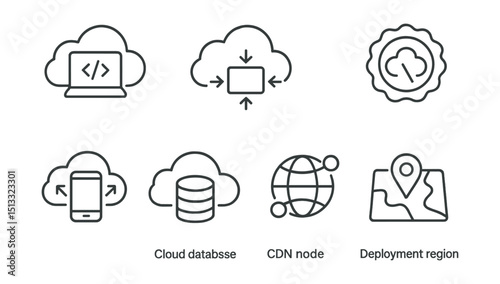 Line style icons of cloud development: cloud IDE, API gateway, cloud function icon, serverless badge, scalable app icon, cloud database, CDN node, deployment region.