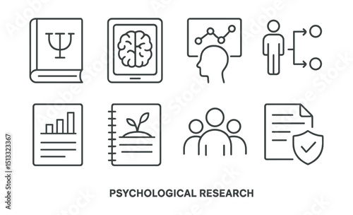 Line style icons of psychological research: psychology book, brain scan image, cognitive study chart, behavior model, study report, field notes, research team, ethics approval icon.