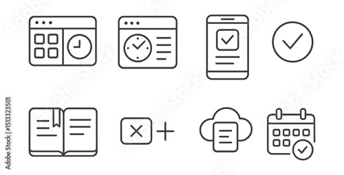 Line style icons of digital productivity: app dashboard, time tracking software, mobile planner app, productivity app icon, digital journal, keyboard shortcut, cloud notes, sync calendar.