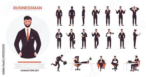 Businessman poses vector illustration set. Cartoon bearded business office worker character in black formal suit standing or running, executive young man employee in work or rest isolated on white