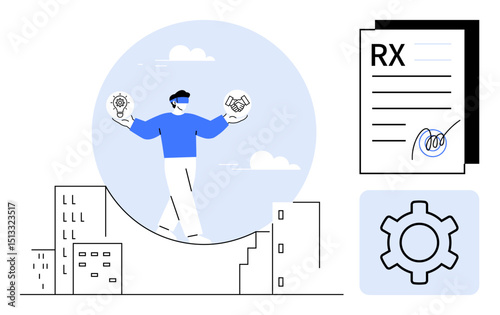 Person walking tightrope holding light bulb and handshake icons above cityscape. Includes signed document and gear. Ideal for innovation, balance, teamwork, creativity, concepts, solutions, simple