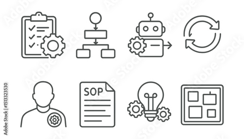 Line style icons of personal systems: productivity system icon, workflow diagram, automation setup, repeatable routine, self-organizing badge, SOP file, method icon, mental clarity board.