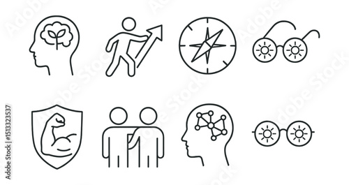Line style icons of productivity mindset: growth mindset icon, proactive attitude symbol, resilience icon, self-discipline badge, accountability partner, clarity compass, belief system, optimistic