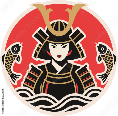 Vector Illustration of Female Samurai Warrior with Koi Fish and Waves in Japanese Style