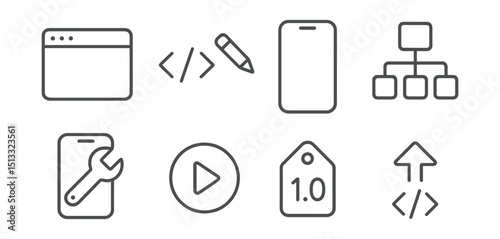 Line style icons of app development: app window, code and design symbol, mobile screen mockup, app structure tree, build icon, test run button, version number tag, code upload.