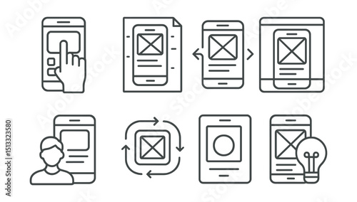 Line style icons of prototyping: clickable prototype, low fidelity sketch, interactive mockup, design preview, user test symbol, prototype feedback loop, testing screen, idea to interface icon.