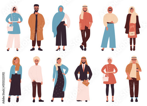Muslims fashion vector illustration set. Cartoon flat Arabic fashionable modern clothes style for Muslim woman and man, female characters in hijab, male Arab saudi clothing isolated on white