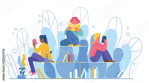 People read books vector illustration. Cartoon young booklover characters sitting together on library bookshelves, students persons study, reading fiction, textbooks or story books isolated on white
