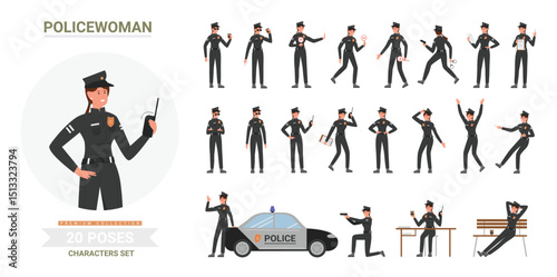 Police officer woman poses vector illustration set. Cartoon policewoman in black uniform works in office or street public security, female cop holding ticket, handcuffs or stop sign isolated on white