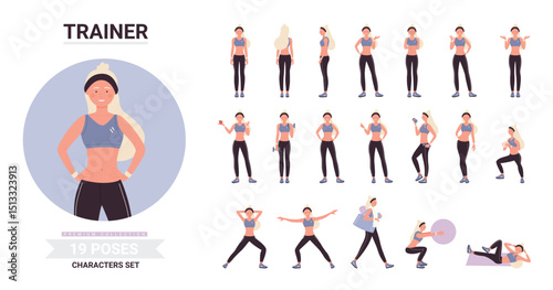 Fitness trainer woman poses in workout vector illustration set. Cartoon blonde character with long hair posing, training, doing sport gymnastic exercises in gym with ball, dumbbells isolated on white